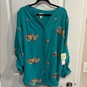 Fig and Flower Teal Blouse with Multicolor Print